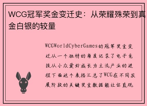 WCG冠军奖金变迁史：从荣耀殊荣到真金白银的较量