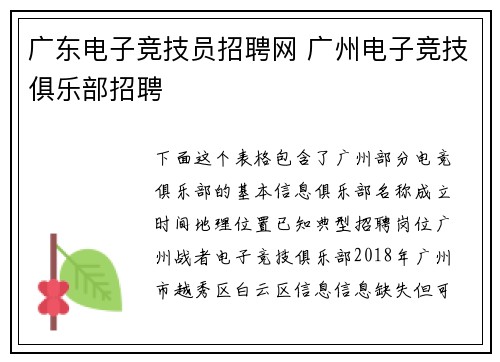 广东电子竞技员招聘网 广州电子竞技俱乐部招聘